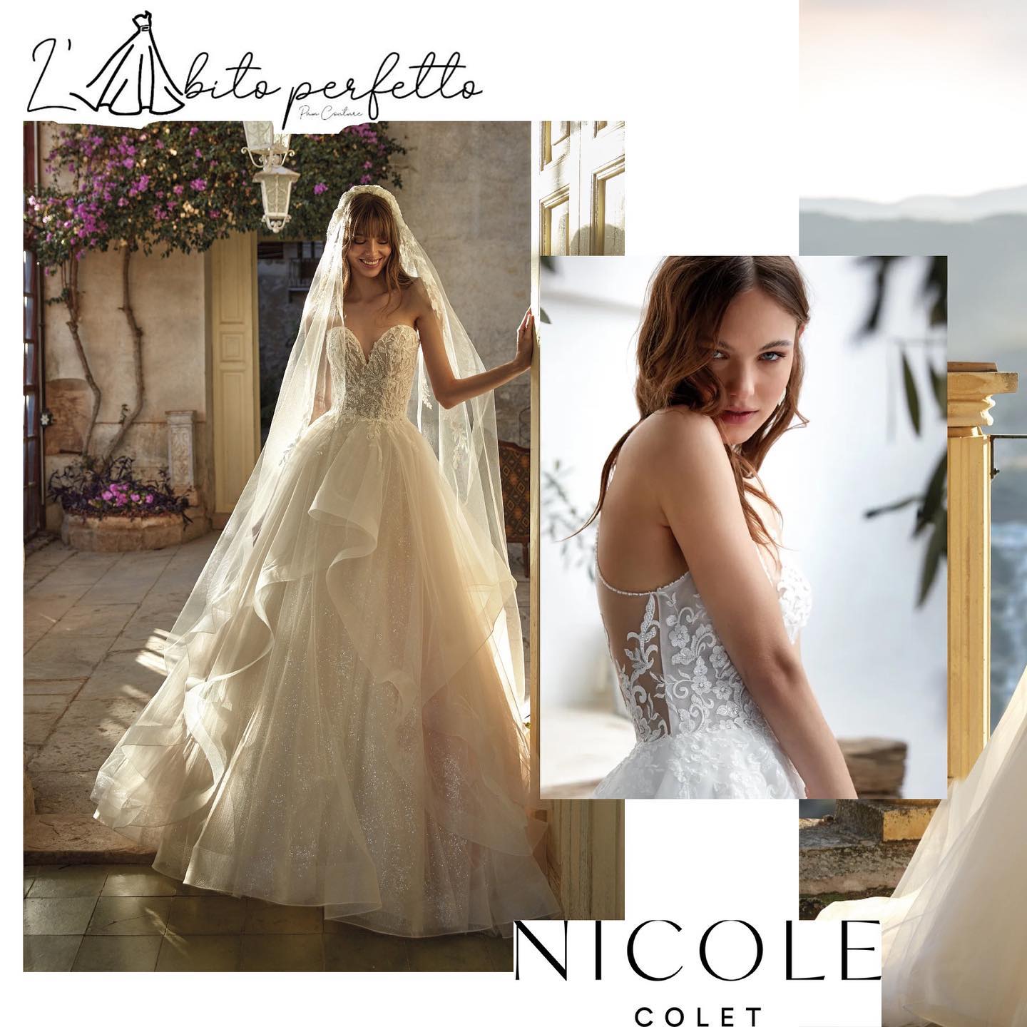 Collage L'Abito Perfetto: sposa in tulle a balze con velo, corpetto e schiena di pizzo trasparente, scritta Nicole Colet